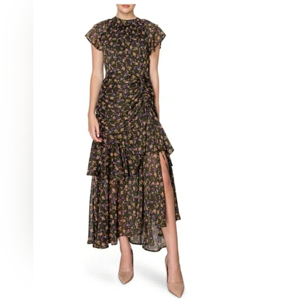 MELLODAY Smocked Mock Neck Tiered Ruffle Maxi Dress Brown Pink Multicolor floral